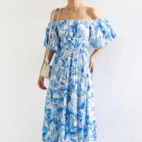 Polyester High Waist One-piece Dress & off shoulder printed PC