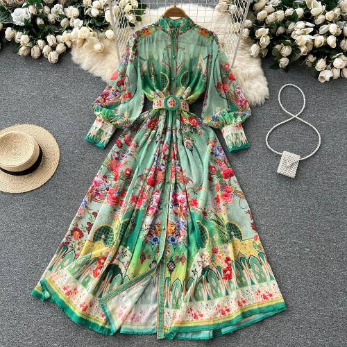 Polyester Waist-controlled Shirt Dress slimming printed green PC