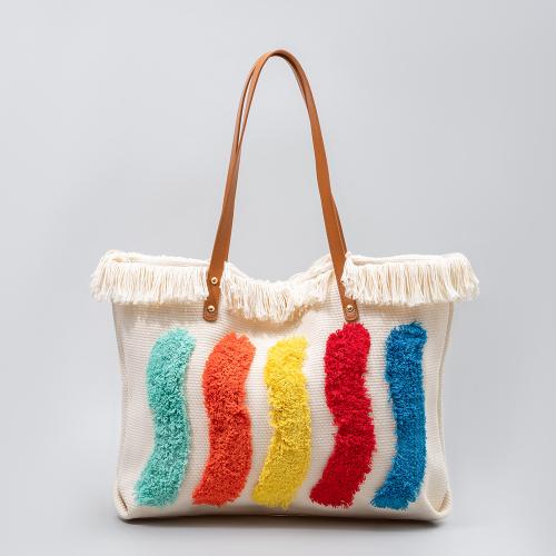 PU Leather & Canvas Tote Bag & Easy Matching & Tassels Shoulder Bag large capacity rainbow pattern PC