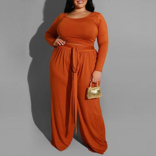 Polyester Plus Size Women Casual Set & loose Long Trousers & long sleeve T-shirt patchwork Solid Set