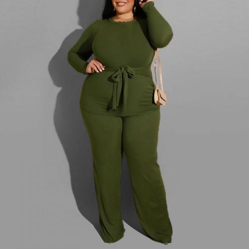 Polyester Plus Size Women Casual Set & loose Long Trousers & long sleeve T-shirt knitted Solid Set