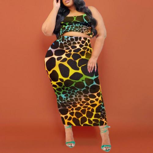 Polyester Plus Size & Sheath Two-Piece Dress Set printed leopard Set