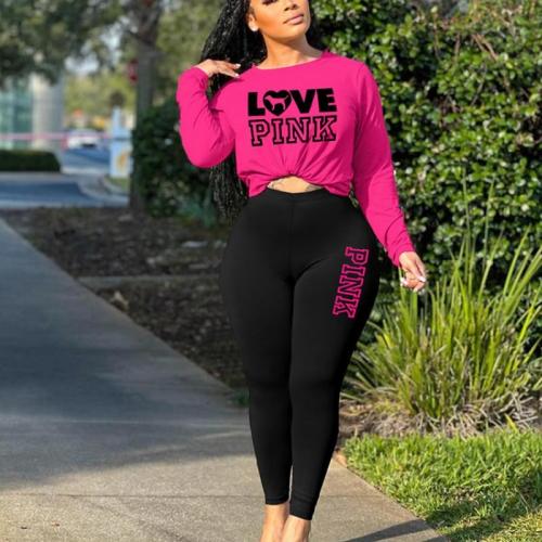 Polyester Plus Size Women Casual Set & two piece & loose Pants & top printed letter rose and black Set