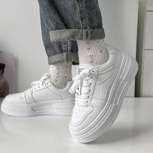PU Leather front drawstring Women Board Shoes hardwearing Rubber Plastic Injection white Pair