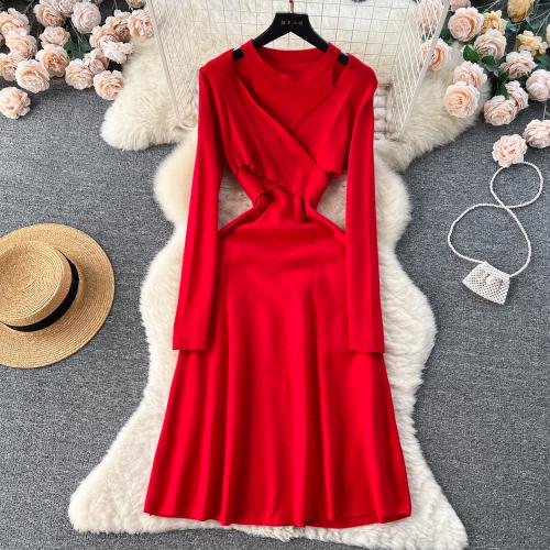 Viscose Waist-controlled One-piece Dress autumn and winter design & mid-long style & slimming & thermal & hollow knitted Solid : PC