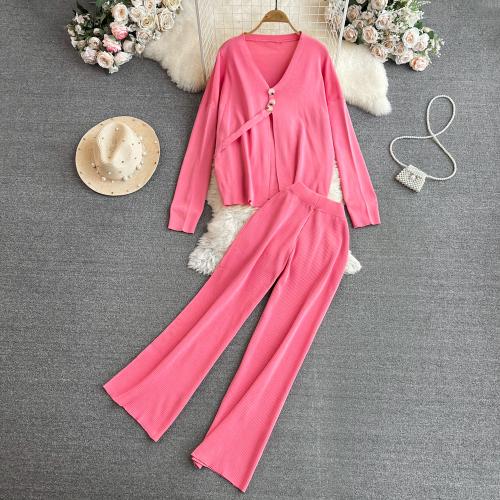 Spandex Women Casual Set autumn and winter design & two piece & loose & thermal Long Trousers & coat knitted Solid : Set