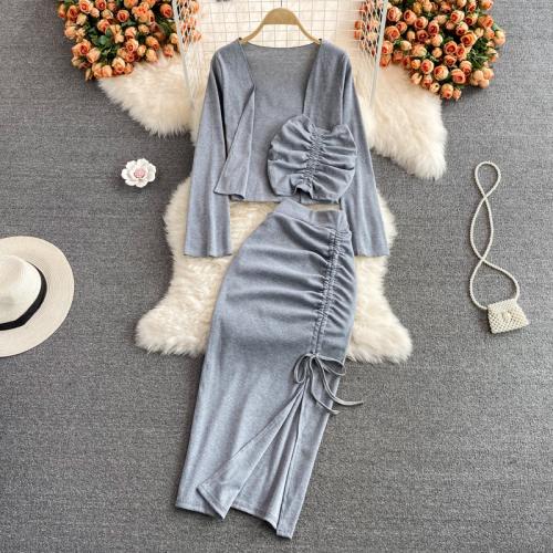 Polyester High Waist Women Casual Set mid-long style & slimming & side slit & three piece & skinny skirt & bandeau bra & coat Solid : Set