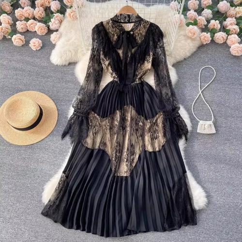 Gauze & Lace & Polyester Waist-controlled & Pleated One-piece Dress & hollow black PC