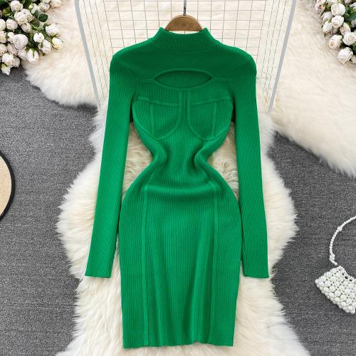 Knitted Slim One-piece Dress hollow Solid : PC