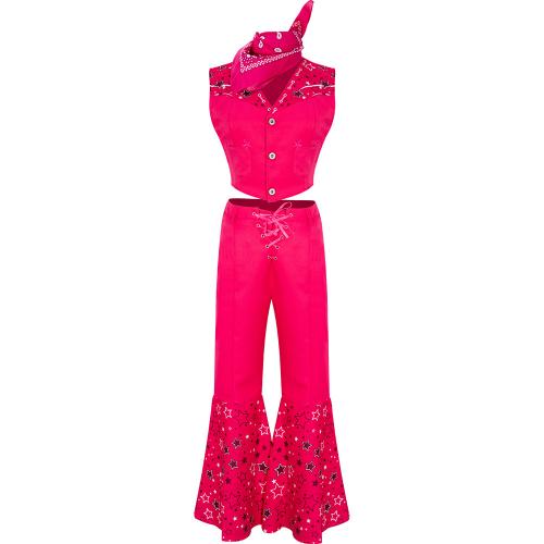 Polyester Women Casual Set midriff-baring & slimming Long Trousers & top patchwork pink Set