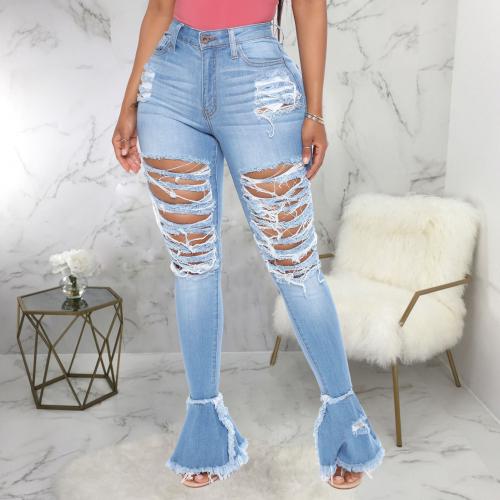 Cotton Ripped & bell-bottom & Plus Size Women Jeans patchwork Solid PC