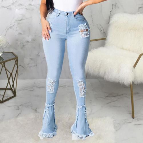 Cotton Ripped & bell-bottom & Plus Size Women Jeans patchwork Solid PC