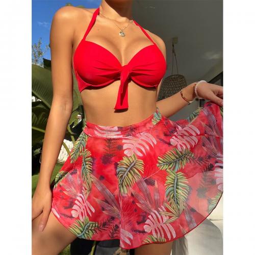Polyester Bikini & three piece & with mini skirt printed leaf pattern Set
