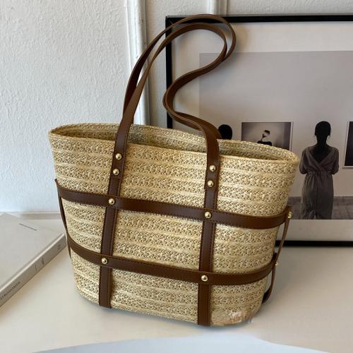 Straw Handmade Woven Shoulder Bag large capacity PU Leather & Polyester PC