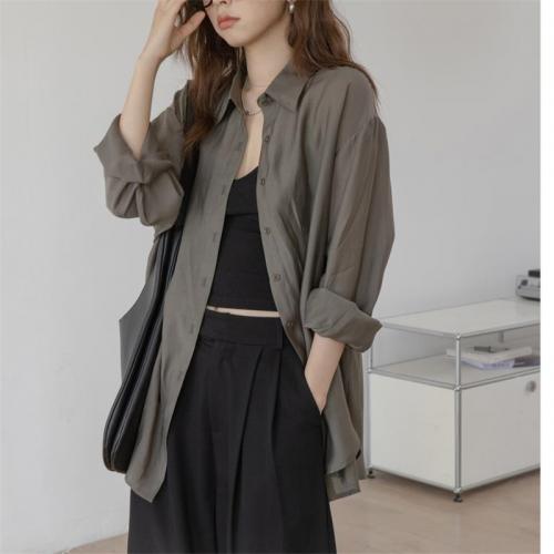 Mixed Fabric & Polyester Women Long Sleeve Shirt back split & loose plain dyed Solid PC