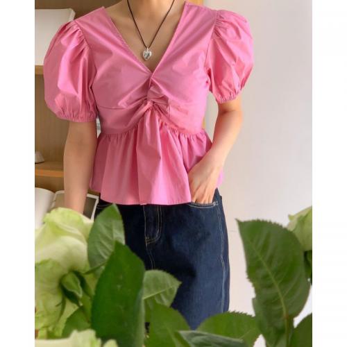 Mixed Fabric & Polyester Women Short Sleeve Blouses & loose patchwork Solid PC