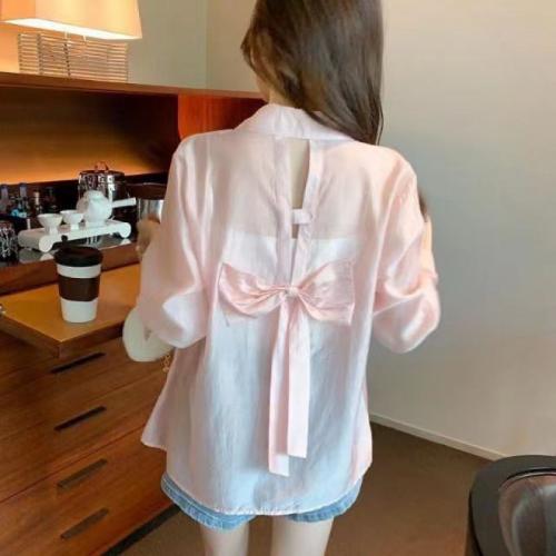 Chiffon Women Long Sleeve Shirt with bowknot & loose patchwork Solid PC