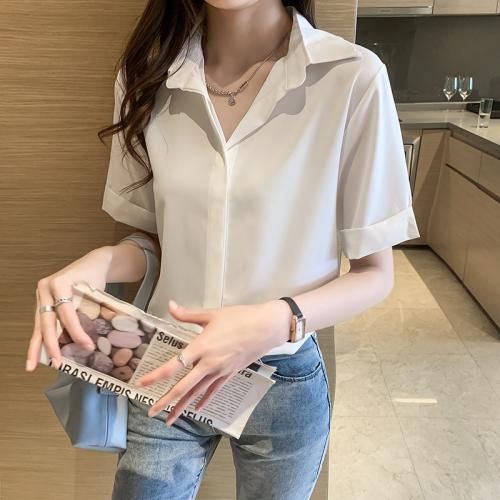Chiffon Women Short Sleeve Shirt & loose patchwork Solid PC