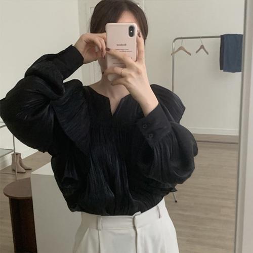 Polypropylene & Spandex & Polyester scallop Women Long Sleeve Blouses patchwork Solid PC