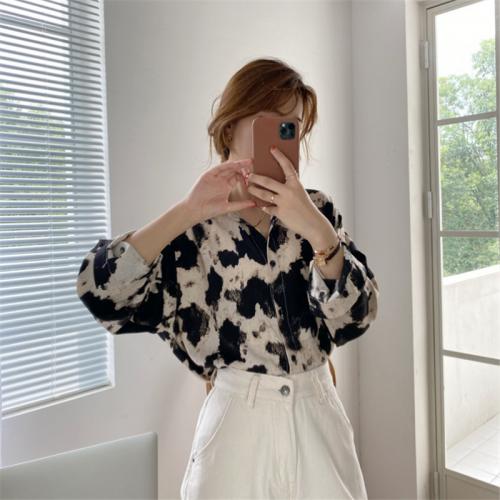 アセテート繊維 & スパンデックス 女性長袖シャツ 印刷 白と黒 一つ