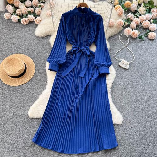 Polyester Waist-controlled & Pleated One-piece Dress large hem design Solid : PC