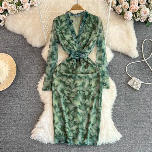 Gauze & Polyester Waist-controlled Sexy Package Hip Dresses deep V green PC