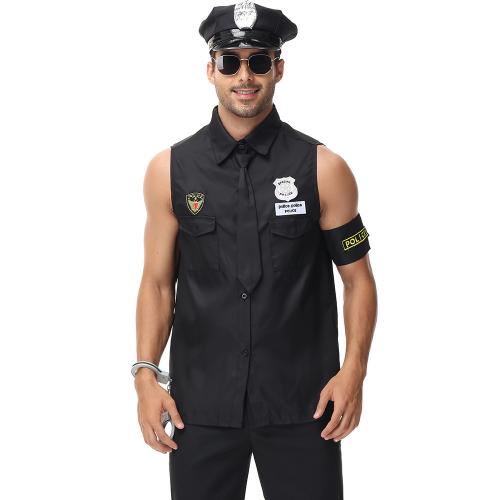 ポリエステル 男性警官コスチューム 刺繍 黒 一つ