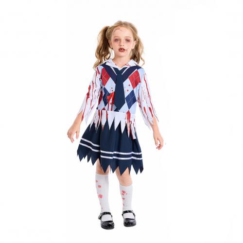 Polyester Children Halloween Cosplay Costume Skirt & top printed plaid mixed colors Set