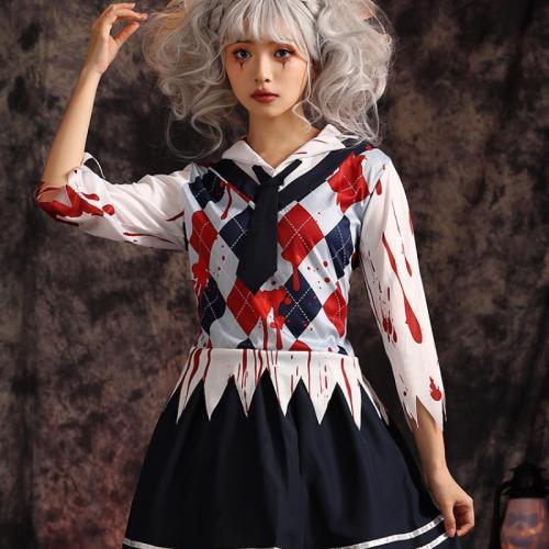 Polyester Women Halloween Cosplay Costume Halloween Design Skirt & top printed plaid mixed colors Set