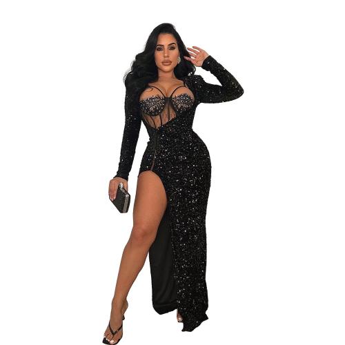 Sequin & Polyester Slim Long Evening Dress see through look & side slit Solid PC