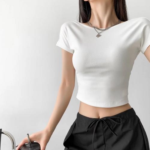 Cotton Slim Women Short Sleeve Blouses backless patchwork Solid PC