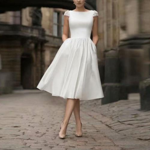 Satin Einteiliges Kleid, Patchwork, Solide, Weiß,  Stück