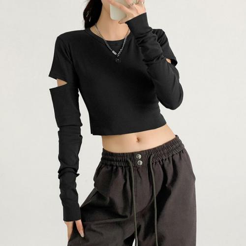 Cotton Ripped Women Long Sleeve T-shirt midriff-baring patchwork Solid PC