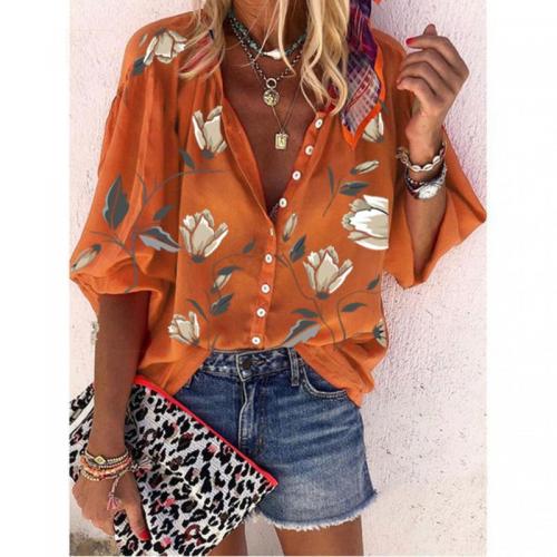 Polyester Plus Size Women Long Sleeve Shirt & loose printed floral PC