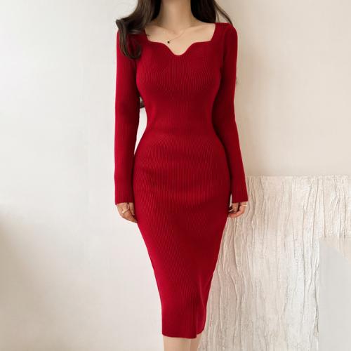 Knitted Waist-controlled & Slim Sexy Package Hip Dresses patchwork Solid : PC