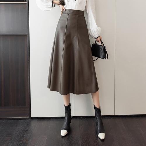 PU Leather High Waist Maxi Skirt large hem design patchwork Solid PC
