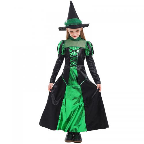 Polyester Children Witch Costume Halloween Design dress & hat patchwork green PC