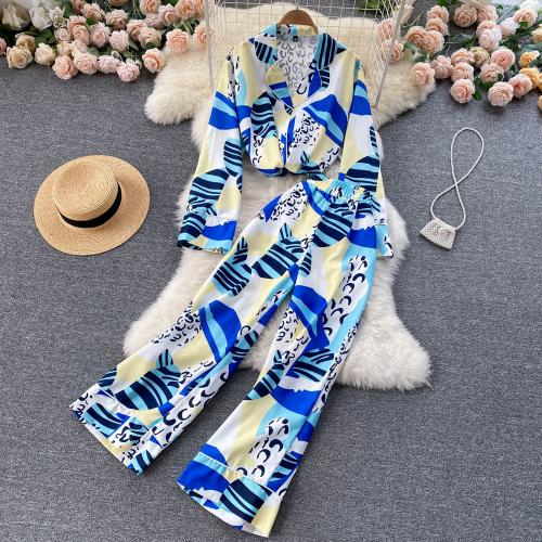 Polyester Wide Leg Trousers & Soft Women Casual Set & two piece printed blue : Set