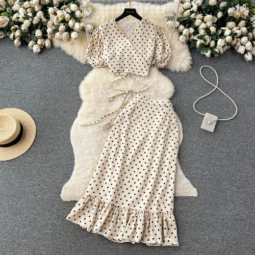 Mixed Fabric Slim Two-Piece Dress Set & two piece printed dot : Set