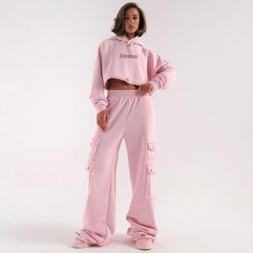 Cotton With Siamese Cap Women Casual Set & two piece & loose Solid pink Set