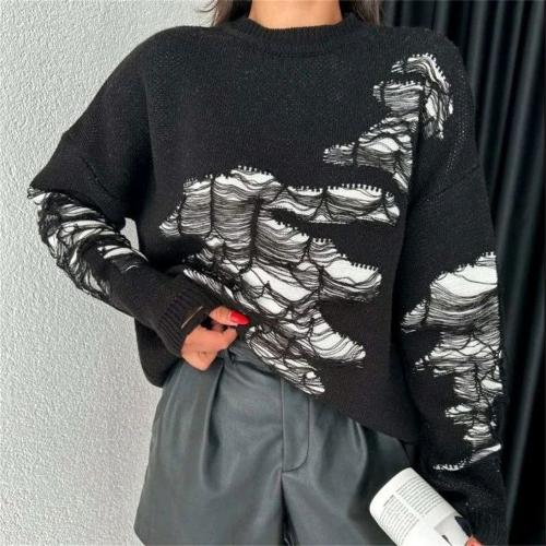 Polyester Ripped Women Sweater & loose & thermal Solid PC