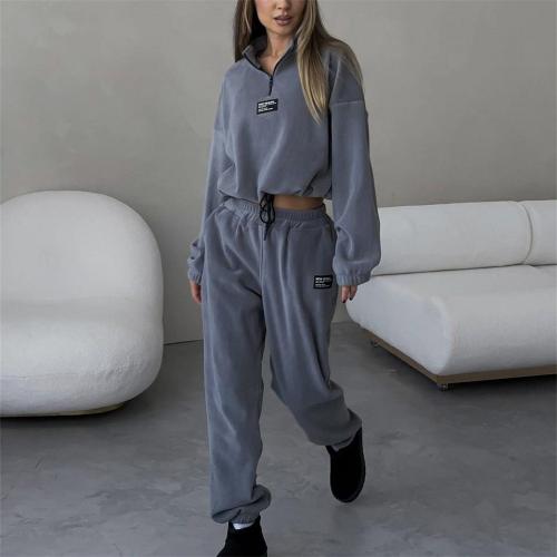 Polyester Women Casual Set & two piece & loose & thermal Solid Set