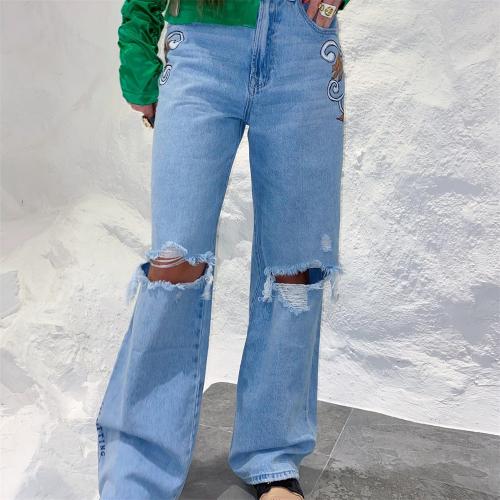 Denim Ripped & Straight Women Long Trousers & loose Solid blue PC