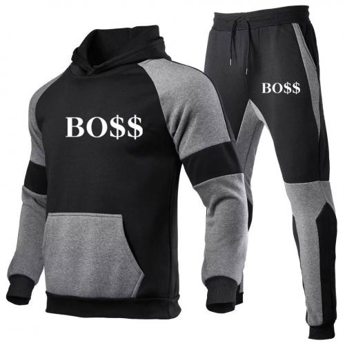 Polyester With Siamese Cap Men Sportswear Set thicken & two piece & thermal Solid Set