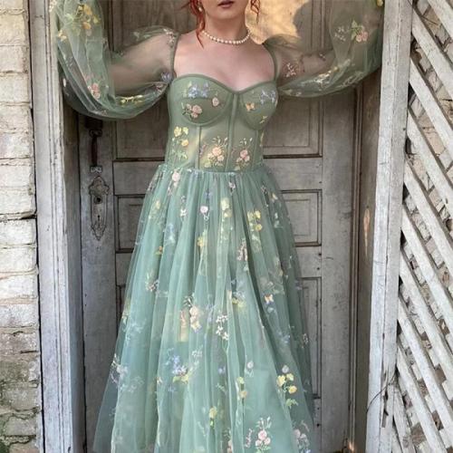 Polyester Slim & Plus Size Long Evening Dress floral green PC