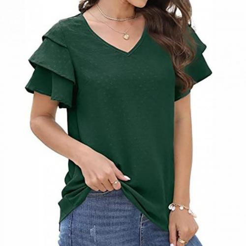 Polyester Women Short Sleeve Shirt & loose & breathable Solid PC