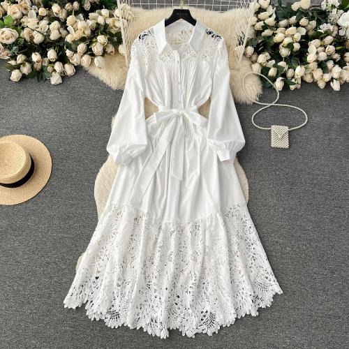 Mixed Fabric Soft & long style One-piece Dress large hem design & hollow Solid PC