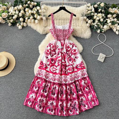 Polyester Slim One-piece Dress printed floral red PC