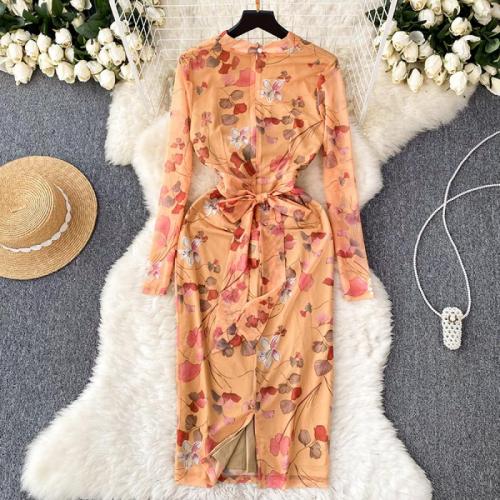 Polyester Einteiliges Kleid, Gedruckt, Floral, Orange,  Stück