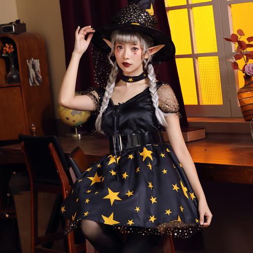 Polyester Sexy Witch Costume neckwear & dress & hat & belt printed star pattern black Set